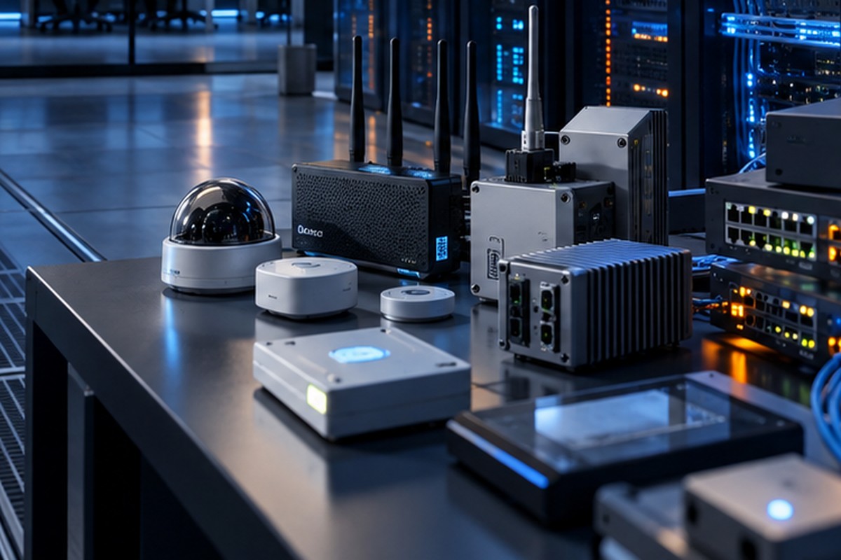 IoT gateway, sensors and edge computer illustration